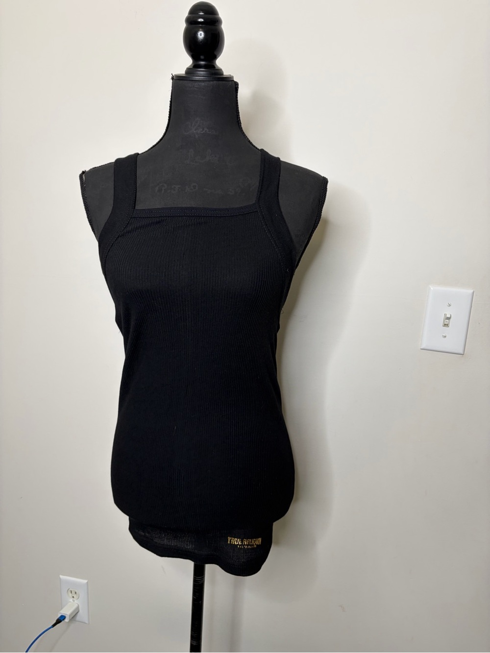True religion Black Ribbed Square-Neck Tank Top